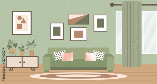 Living room interior with sofa, bookshelf, coffee table, home plants and picture frames. Modern design, illustration in flat style.