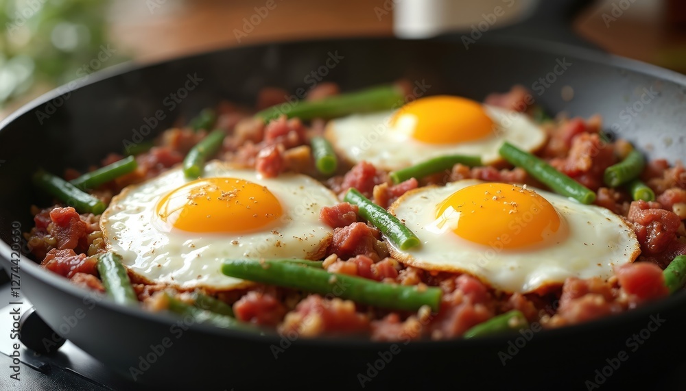 Close-up of corned beef hash with fried eggs, green beans in pan. Delicious meat breakfast with healthy nourishment and tasty protein, cooked in frying pan, epicure home meal. Close-up of corned beef hash with fried eggs, green beans in pan. Delicious meat breakfast with healthy nourishment and tasty protein, cooked in frying pan, epicure home meal.