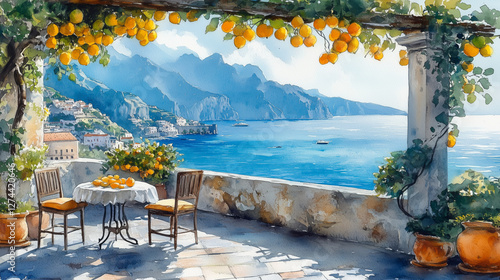 Cozy terrace overlooking a vibrant blue sea with lemon trees watercolor illustration
