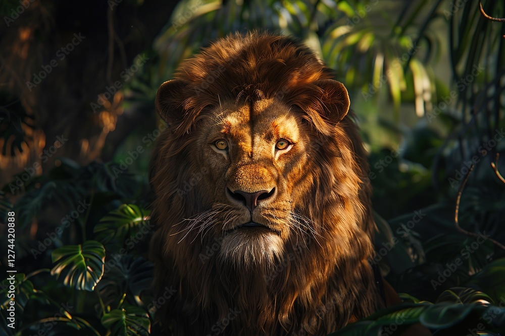 Naklejka premium Portrait of a lion in the jungle, Ai Generated