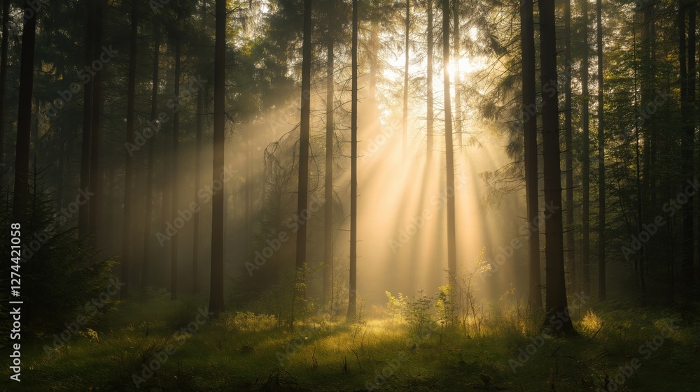 Fototapeta premium Misty Forest Sunrise Golden Sunbeams Illuminate Lush Greenery