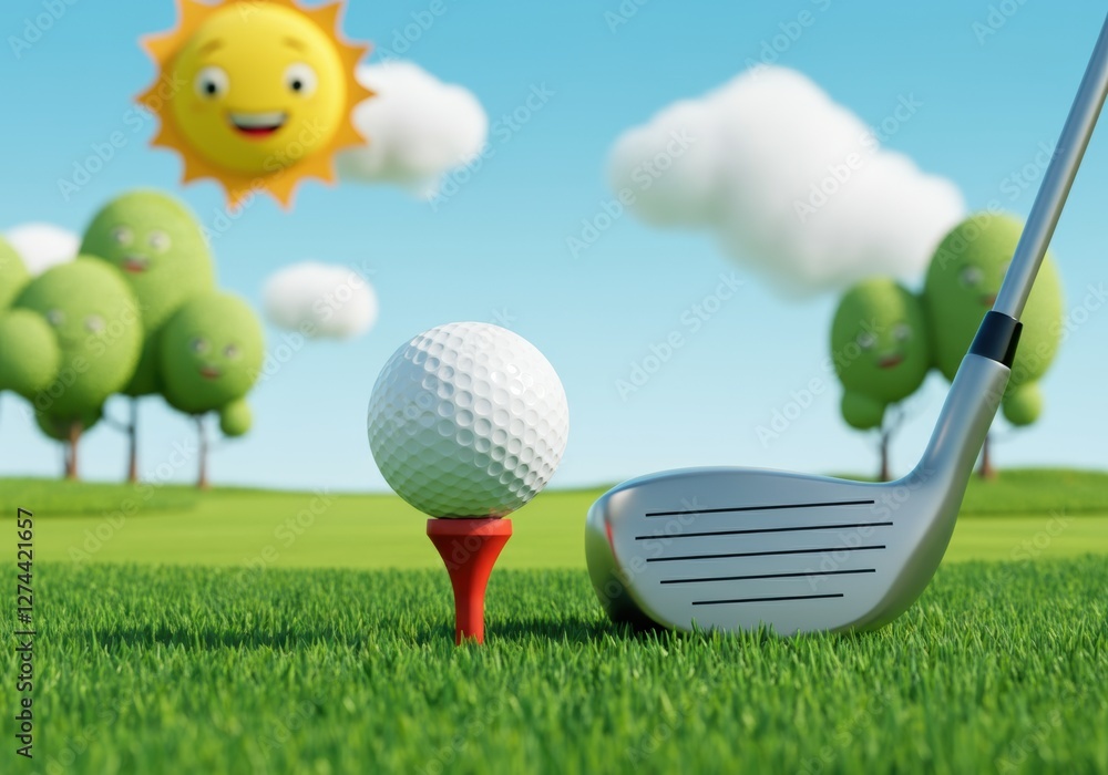 Naklejka premium Golf ball on a tee with a club, set in a cheerful landscape