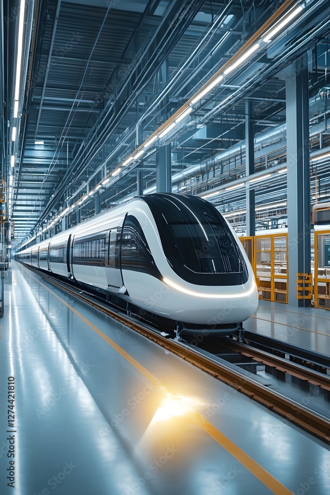 Fototapeta premium Futuristic High-Speed Railway Manufacturing Plant with Clean and Advanced Industrial Prototypes