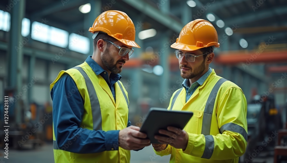 Two men in workwear with helmets use tablet at steel manufacturing factory. Technicians check quality machine. Engineers talking about strategy, planning indoor. Caucasian male engineer worker Two men in workwear with helmets use tablet at steel manufacturing factory. Technicians check quality machine. Engineers talking about strategy, planning indoor. Caucasian male engineer worker