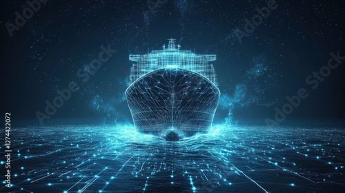 Fototapeta Naklejka Na Ścianę i Meble -  Digital Ship Sailing Through Starry Night Ocean