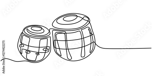 Tabla drum one line art. Continuous line drawing of sound, beat, ethnic, indian, rhythm, musician, band, acoustic, drum, music, percussion, tabla continuous one line drawing.