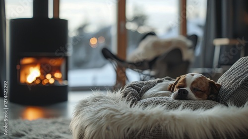 winter retreat interior with sleeping dog on furry blanket beside modern fireplace and snowy forest view through large window