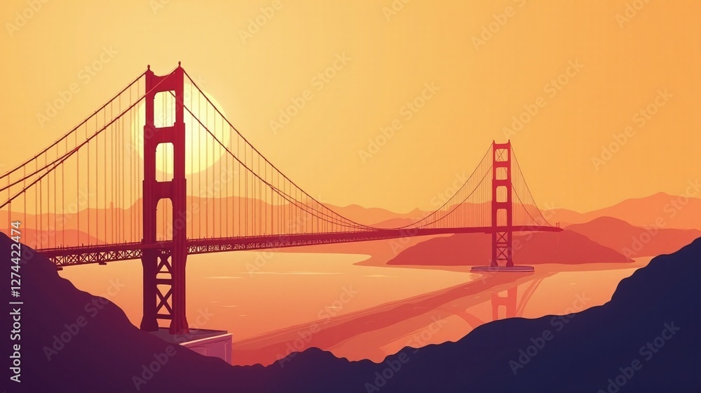 Fototapeta premium Golden Gate Bridge under a glowing sunset sky.