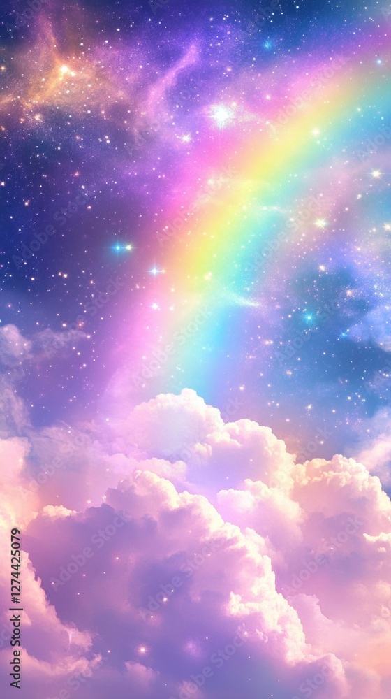 Fototapeta premium Pastel Rainbow Sky with Dreamy Clouds and Sparkling Stars in a Magical Fantasy Background