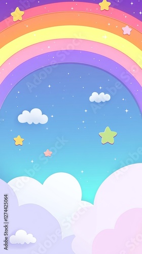 Pastel Rainbow Sky with Dreamy Clouds and Sparkling Stars in a Magical Fantasy Background