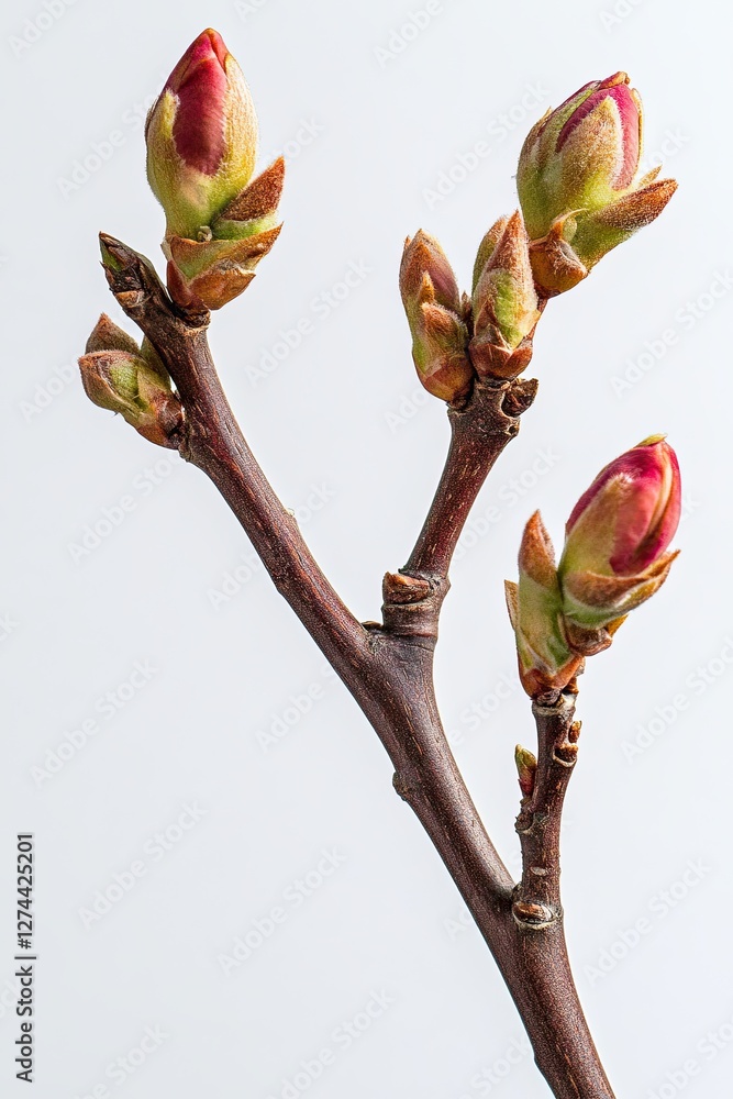 Fototapeta premium The first buds of the almond tree begin to open on the branches in early spring, forming characteristic beautiful flowers and branches on a white background
