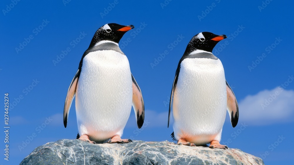 Obraz premium Two Gentle Gentoo Penguins Perched on a Rock Against Clear Sky