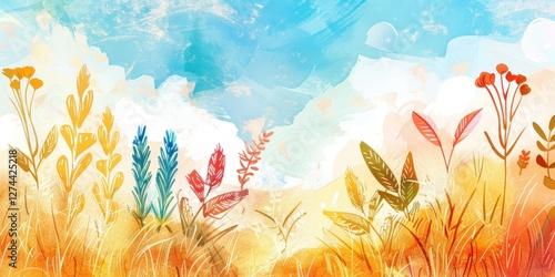 A vibrant illustration celebrating Shavuot features colorful flowers and greenery against a bright sky