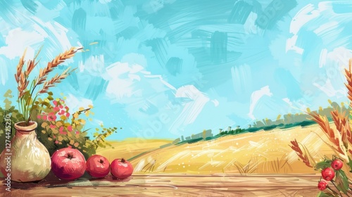 Festive decorations and ripe pomegranates adorn a rustic wooden table set against a serene backdrop of golden fields and a bright blue sky perfect for celebrating Shavuot