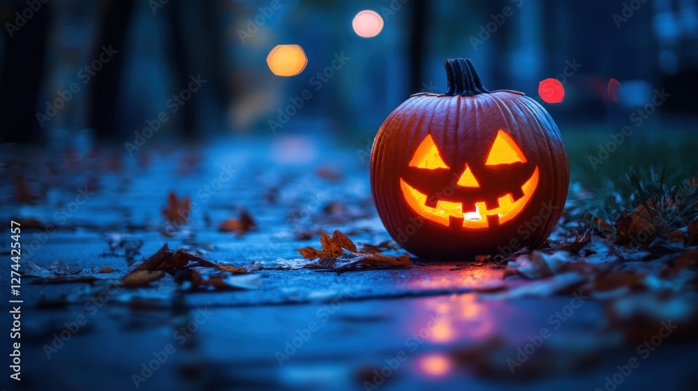 Spooky Halloween Night: Jack-o'-lantern on a Fall Evening Spooky Halloween Night: Jack-o'-lantern on a Fall Evening