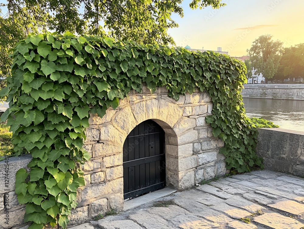 Naklejka premium ancient stone bridge with ivy historical architecture
