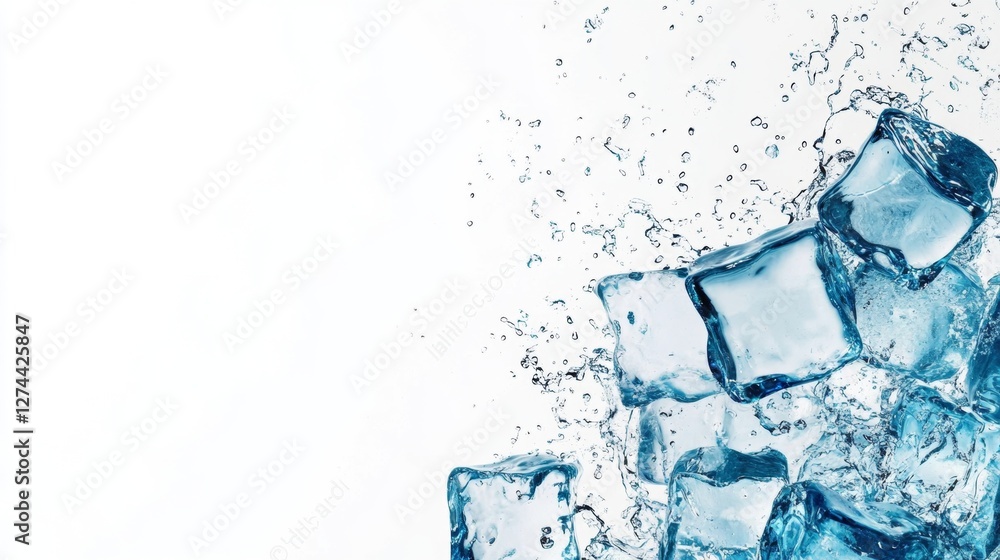 Refreshing Splash of Crystal Clear Blue Ice Cubes in Sparkling Water on White Background Refreshing Splash of Crystal Clear Blue Ice Cubes in Sparkling Water on White Background