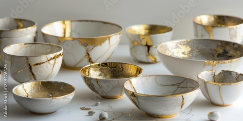 Wallpaper Mural Display of a stunning collection of Kintsugi items featuring bowls cups and plates each artistically repaired with gold. The clean white background enhances their unique beauty and craftsmanship Torontodigital.ca