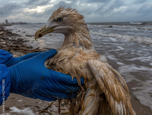A polluted seagull covered in oil is on a contaminated beach, struggling to move. A rescuer wearing protective gloves carefully handles the bird, highlighting the impact of environmental disasters. 