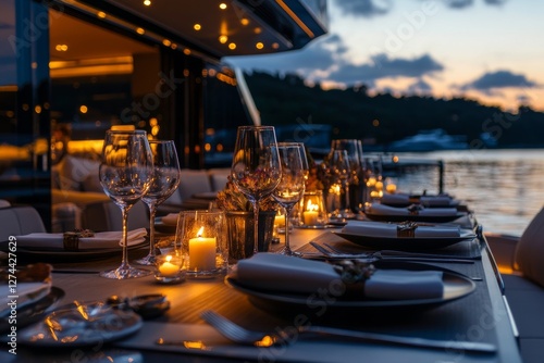 Elegant dining experience with fresh fish prepared by a private chef on a yacht. Generative AI