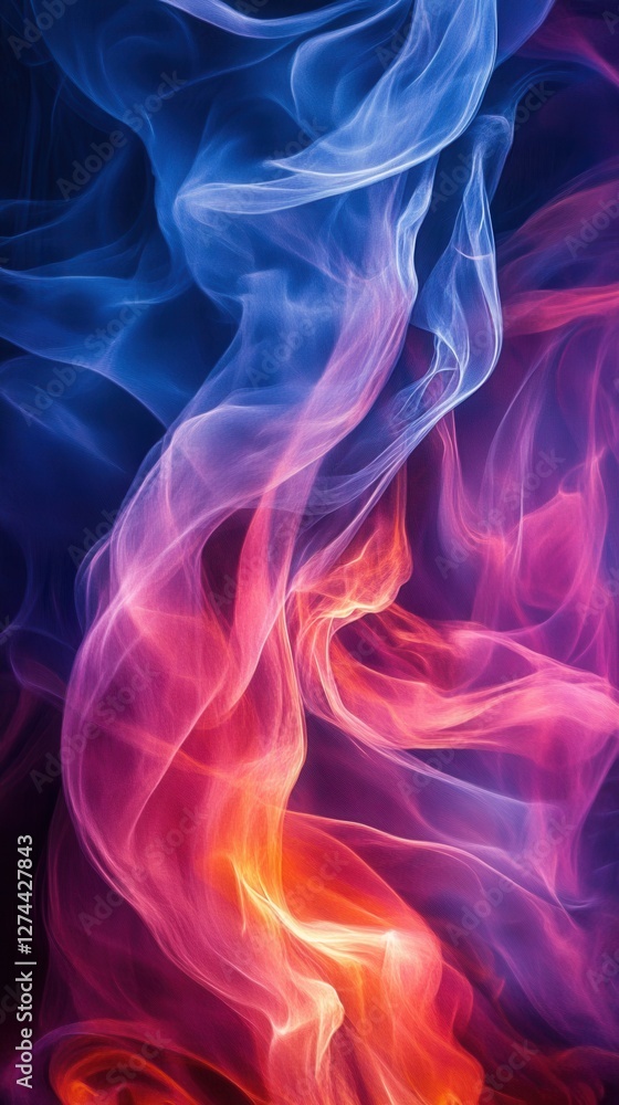 Obraz premium Abstract ethereal smoke curves in vibrant blue pink and orange hues creating a dynamic and flowing background with a dreamy and artistic style