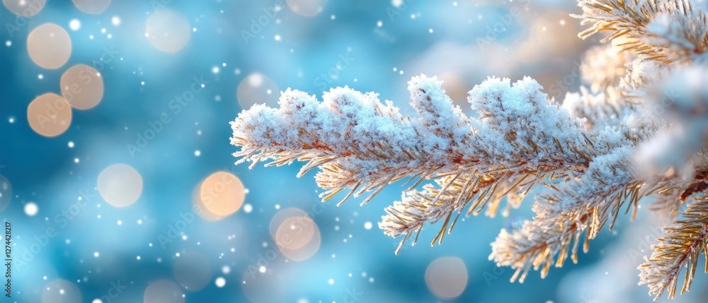 Enchanting winter scene featuring a snow covered pine branch against a soft blue bokeh background creating a magical holiday atmosphere Enchanting winter scene featuring a snow covered pine branch against a soft blue bokeh background creating a magical holiday atmosphere