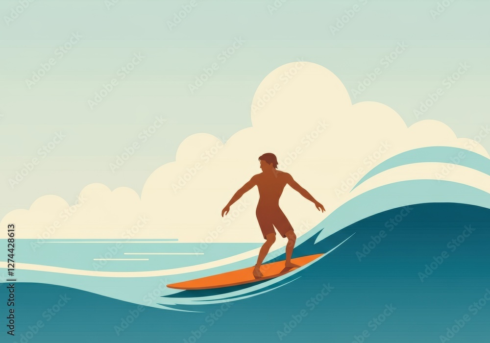 Surfer riding a wave against a serene sky backdrop Surfer riding a wave against a serene sky backdrop