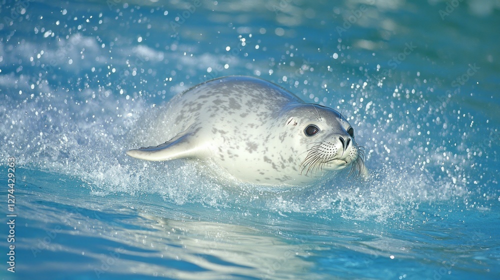 Fototapeta premium Dynamic Action Shot of Crabeater Seal in Vibrant Ocean Water
