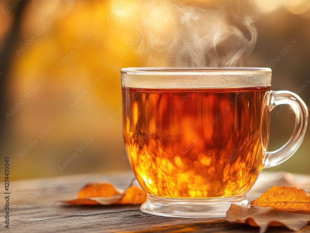 Steaming Tea in Glass Cup on Rustic Wooden Table with Autumn Leaves Warmth and Serenity Golden Hour Light Steaming Tea in Glass Cup on Rustic Wooden Table with Autumn Leaves Warmth and Serenity Golden Hour Light