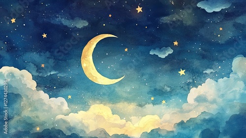 Magical night sky with sleeping moon and floating stars A gentle scene of a sleepy crescent moon nestled among soft watercolor clouds with shining stars.