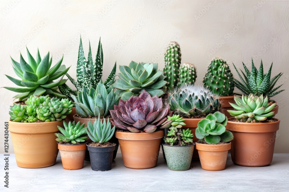 Diverse succulent and cactus collection in terracotta pots displaying botanical variety and natural textures in a serene indoor setting with soft lighting Diverse succulent and cactus collection in terracotta pots displaying botanical variety and natural textures in a serene indoor setting with soft lighting