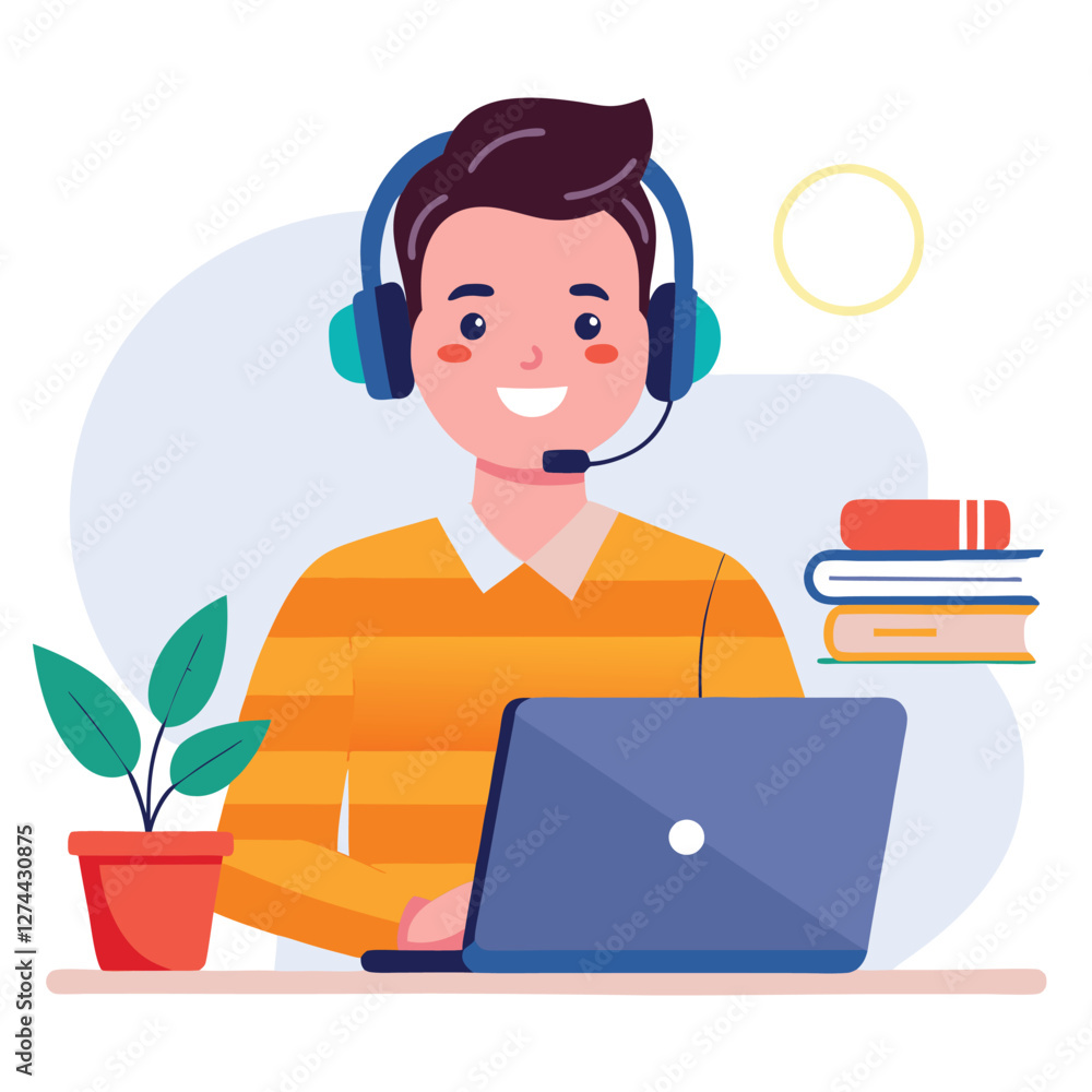 man in headphones, studying at laptop. Happy female student watching business webinar. Video conference call, remote work communication. Flat vector illustration isolated on white background man in headphones, studying at laptop. Happy female student watching business webinar. Video conference call, remote work communication. Flat vector illustration isolated on white background