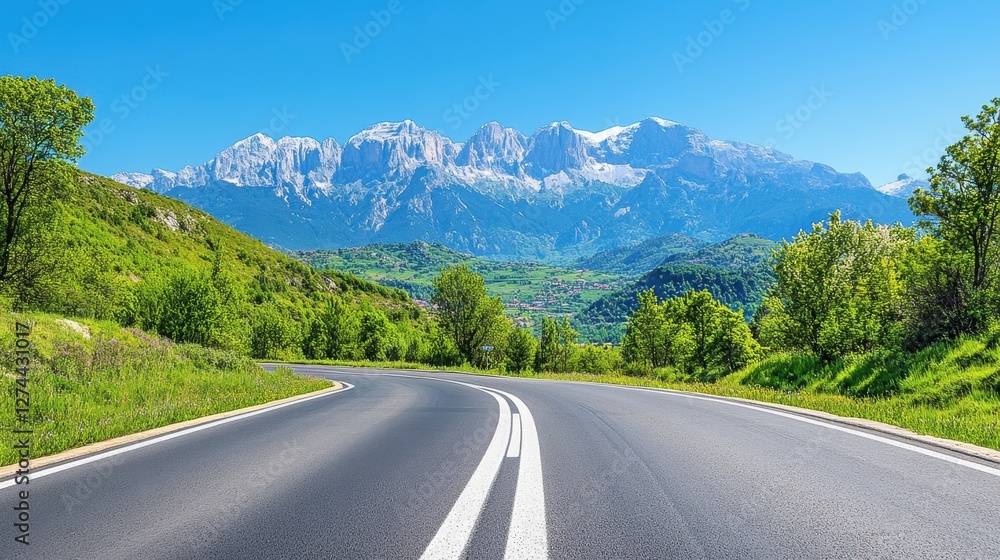 Fototapeta premium Scenic Drive Through Verdant Landscape with Majestic Mountain Range Under Clear Blue Sky on Sunny Day