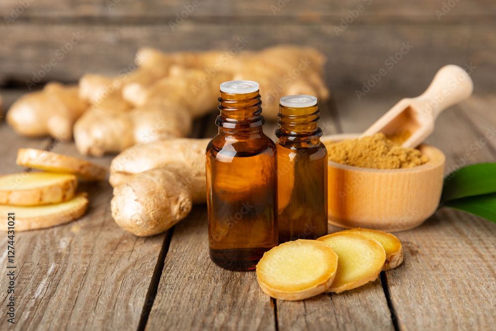 Ginger essential oil on texture background. Fresh ginger slices. Essence, serum, oil. Alternative medicine. Phytotherapy. Health and beauty concept. Place for text. Copy space. Ginger essential oil on texture background. Fresh ginger slices. Essence, serum, oil. Alternative medicine. Phytotherapy. Health and beauty concept. Place for text. Copy space.