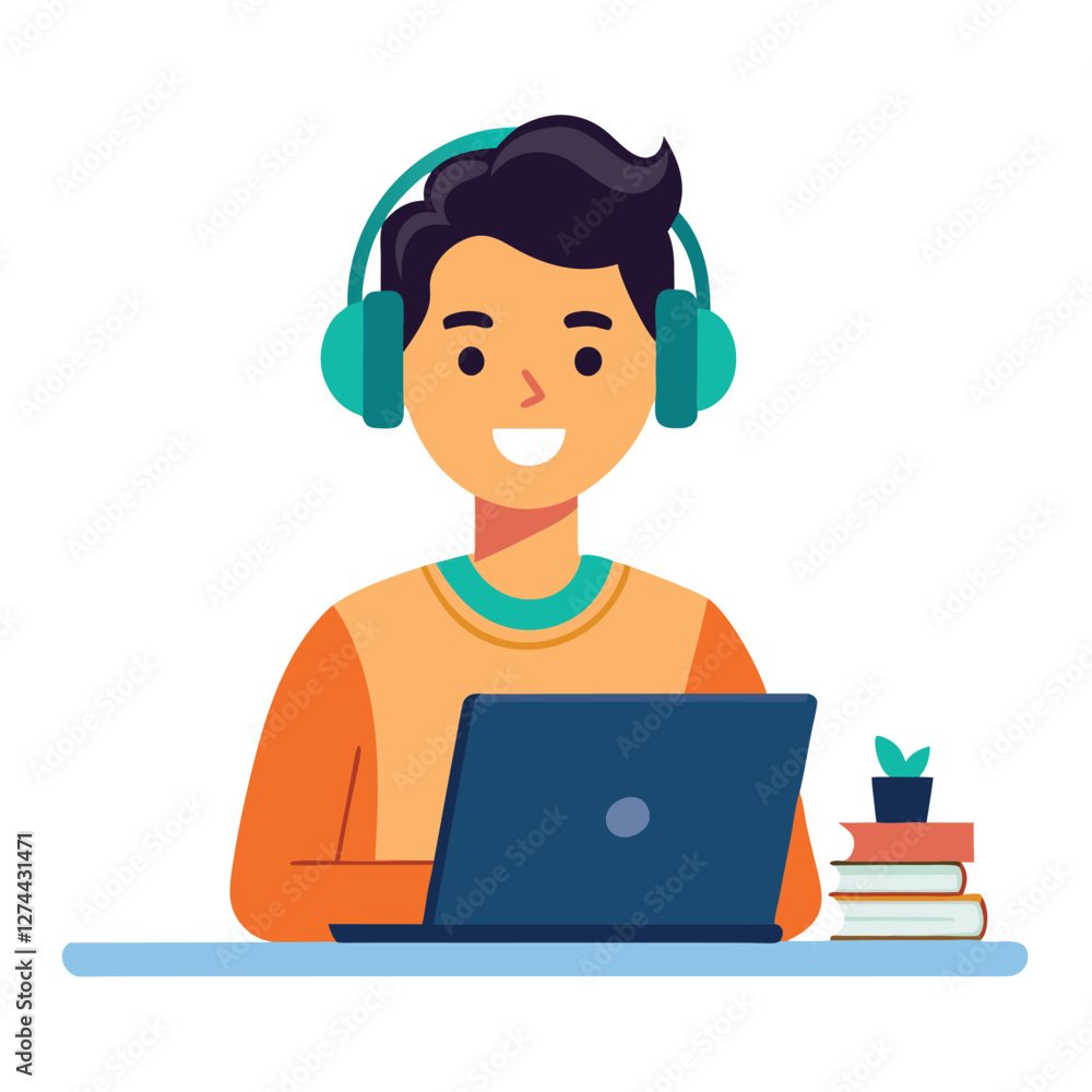 man in headphones, studying at laptop. Happy female student watching business webinar. Video conference call, remote work communication. Flat vector illustration isolated on white background man in headphones, studying at laptop. Happy female student watching business webinar. Video conference call, remote work communication. Flat vector illustration isolated on white background