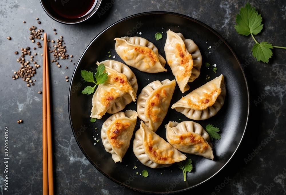 Top view Japanese gyoza dumplings arranged on black plate with chopsticks, pepper and soy sauce. Fried pork snack, cooked delicious asian cuisine. Gourmet lunch or dinner food recipe. Top view Japanese gyoza dumplings arranged on black plate with chopsticks, pepper and soy sauce. Fried pork snack, cooked delicious asian cuisine. Gourmet lunch or dinner food recipe.