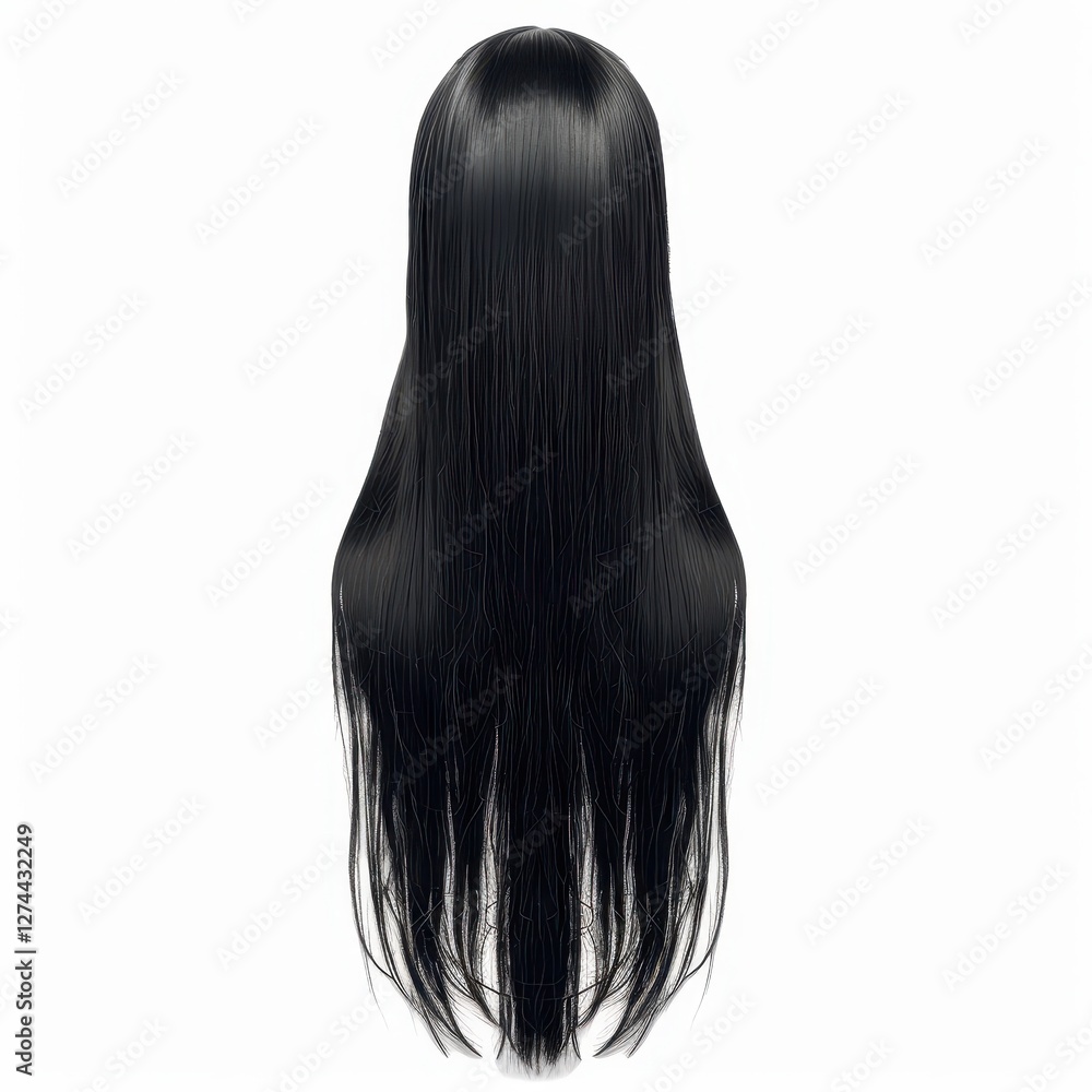 Long straight black wig display isolated on white hair styling beauty concept Long straight black wig display isolated on white hair styling beauty concept