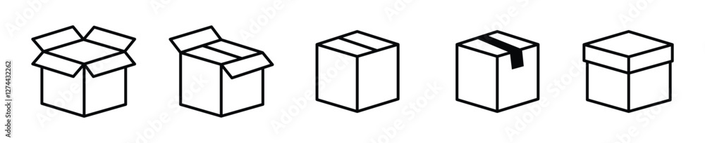 Box icons set.Shipping, delivery box or container icons. Carton box simple icon collection. Delivery symbol Empty open shipping box or unboxing line art Box icons set.Shipping, delivery box or container icons. Carton box simple icon collection. Delivery symbol Empty open shipping box or unboxing line art