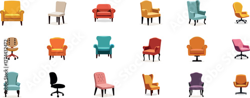 Vector sofa icon set. Colored collection in flat style with long shadows.