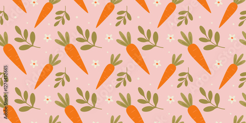 Cute carrot seamless pattern with leaves and flowers in pastel colors. Vector illustration