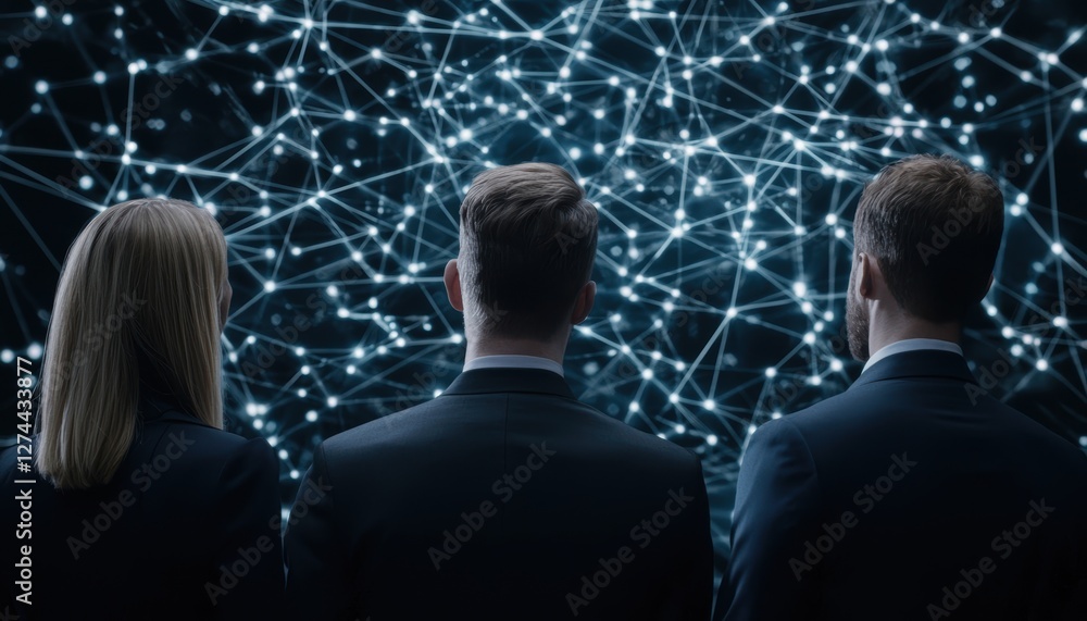 Obraz premium Three professionals observe a digital network of interconnected nodes, symbolizing data, technology, and collaboration in a modern setting.
