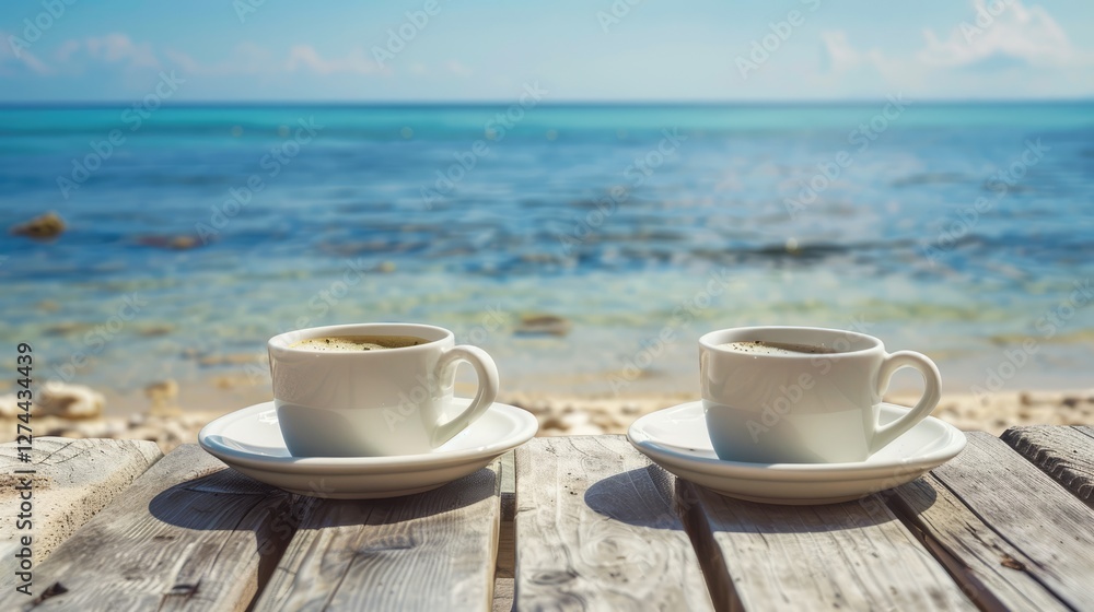 Two cappuccino coffee cups on a rustic table by a sparkling blue sea under a sunny sky. The concept of relaxation. Two cappuccino coffee cups on a rustic table by a sparkling blue sea under a sunny sky. The concept of relaxation.