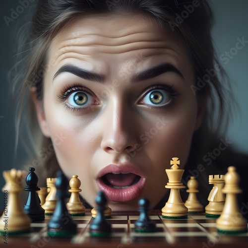 woman looks at the chessboard in surprise