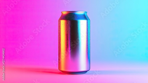 A Metallic Beverage Can Under Neon Lighting