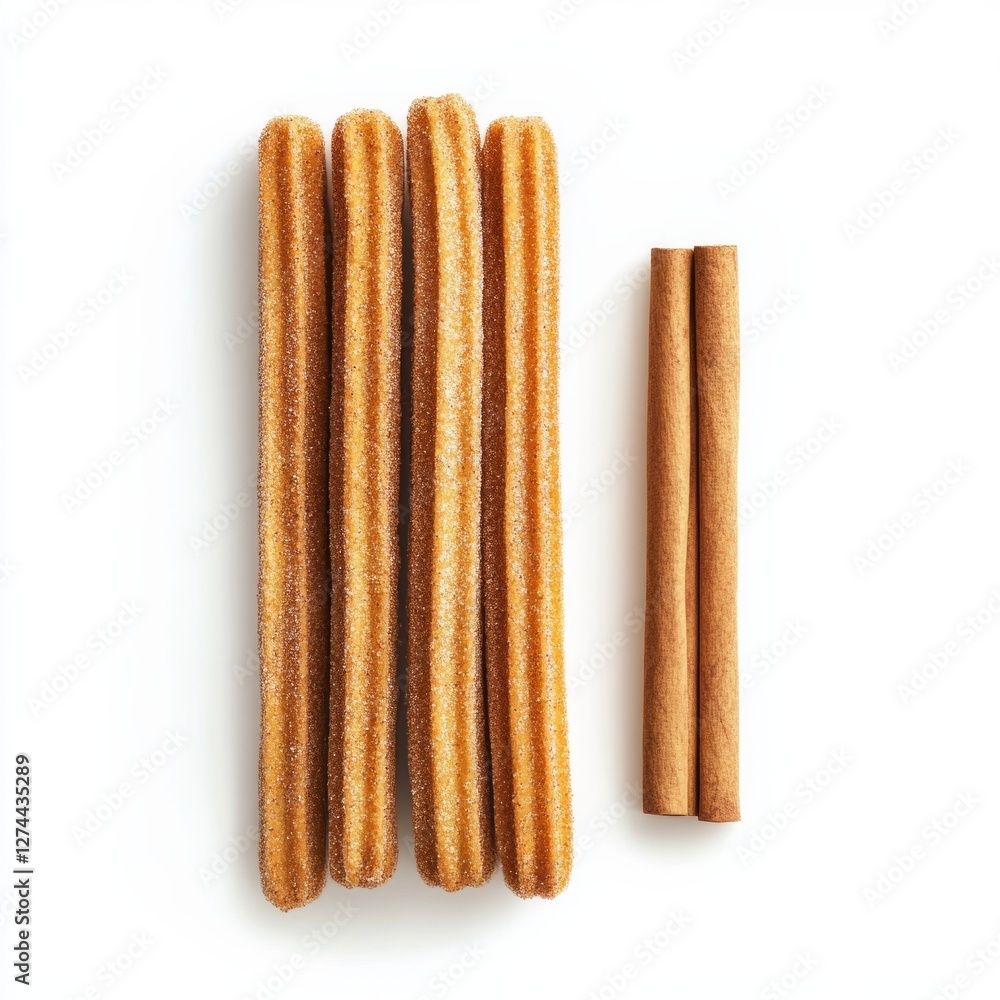 Delicious churros with cinnamon sticks on white background Delicious churros with cinnamon sticks on white background