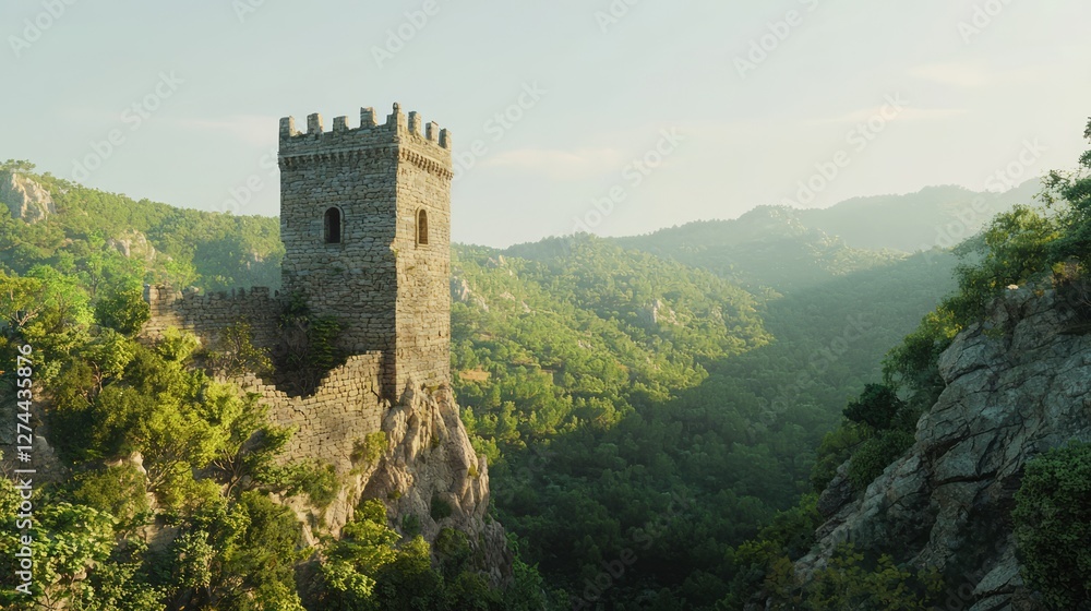 Majestic Medieval Tower Rising Above Dense Green Forest Landscape Majestic Medieval Tower Rising Above Dense Green Forest Landscape