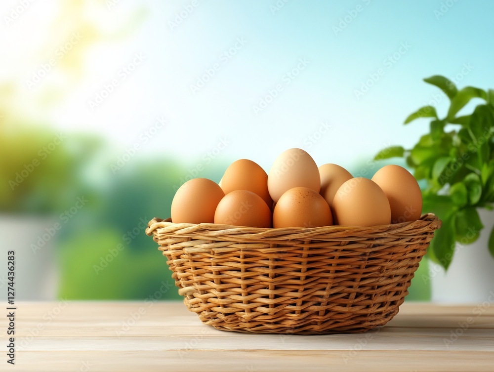 wicker basket with fresh eggs, rustic farmhouse style wicker basket with fresh eggs, rustic farmhouse style