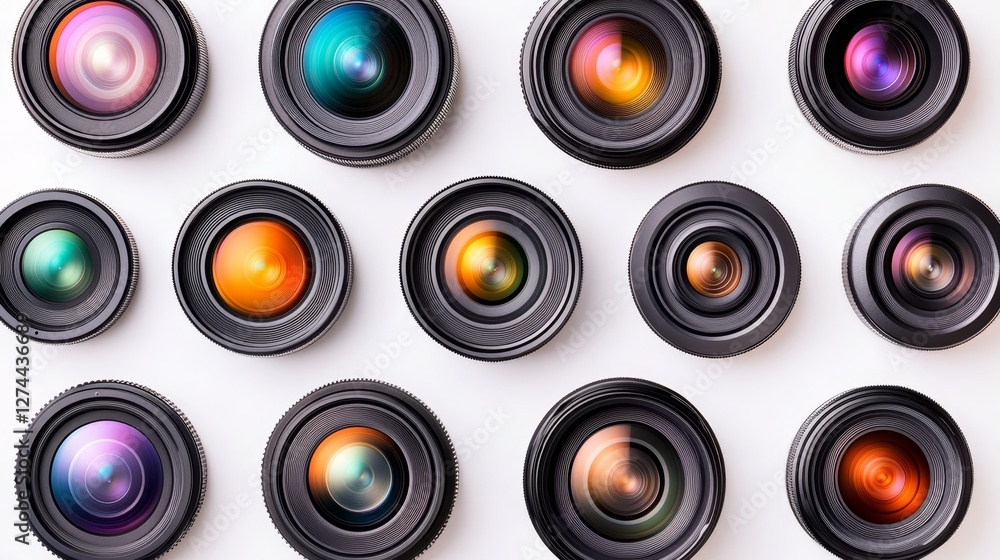 Collection of Different Camera Lenses on a White Background, Photography Equipment Variety. Collection of Different Camera Lenses on a White Background, Photography Equipment Variety.