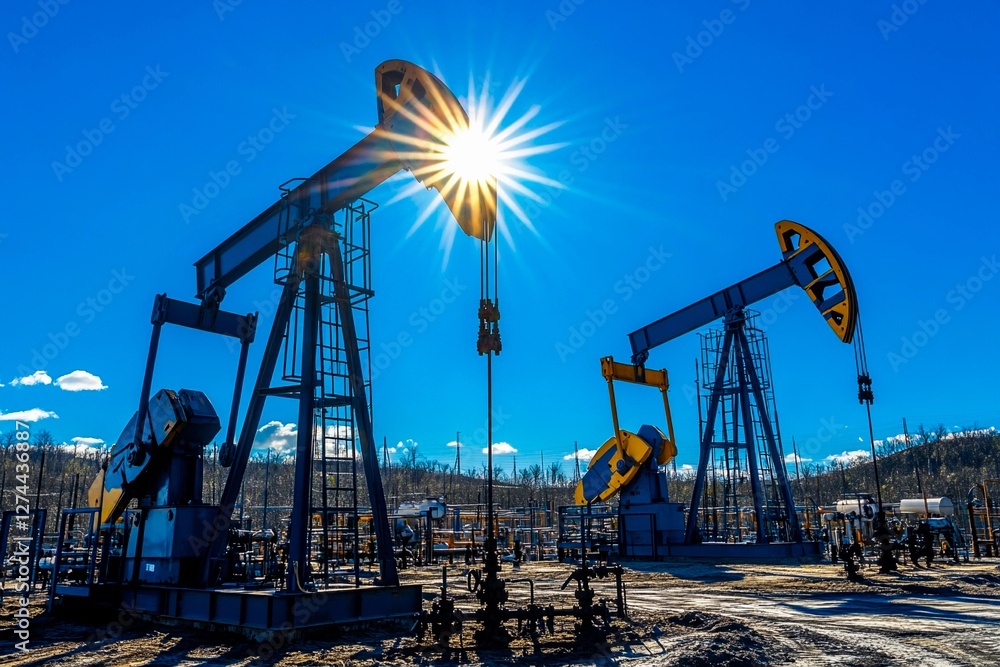 Oil pumps harnessing sunlight on a clear blue day in a vast, open field Oil pumps harnessing sunlight on a clear blue day in a vast, open field