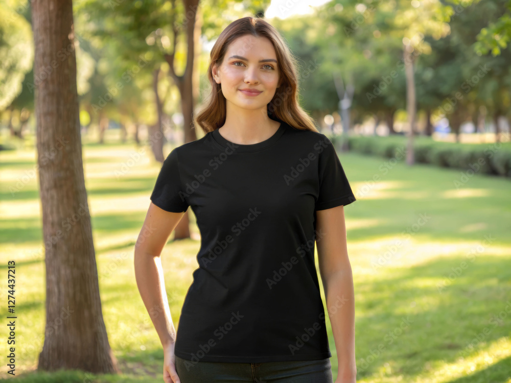 Daytime stroll of a woman in a sunny park wearing a black t-shirt lifestyle photography natural setting Daytime stroll of a woman in a sunny park wearing a black t-shirt lifestyle photography natural setting